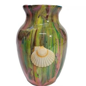 7" Vase Mutlicolored Greens Shell On Front Resin Finished